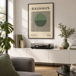 Bauhaus Art Poster, framed on the wall of a modern living room