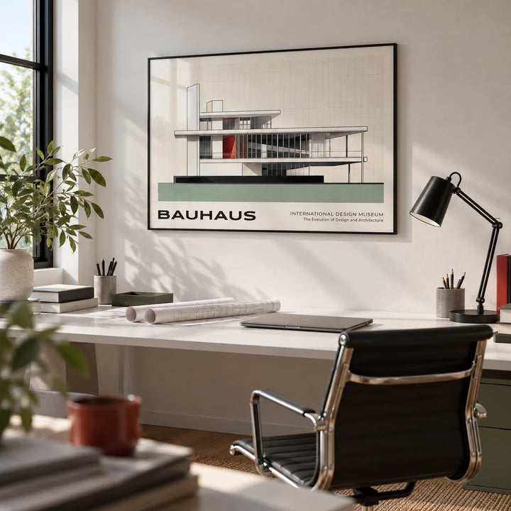 Bauhaus Blueprint, framed on the wall of an architect's home office