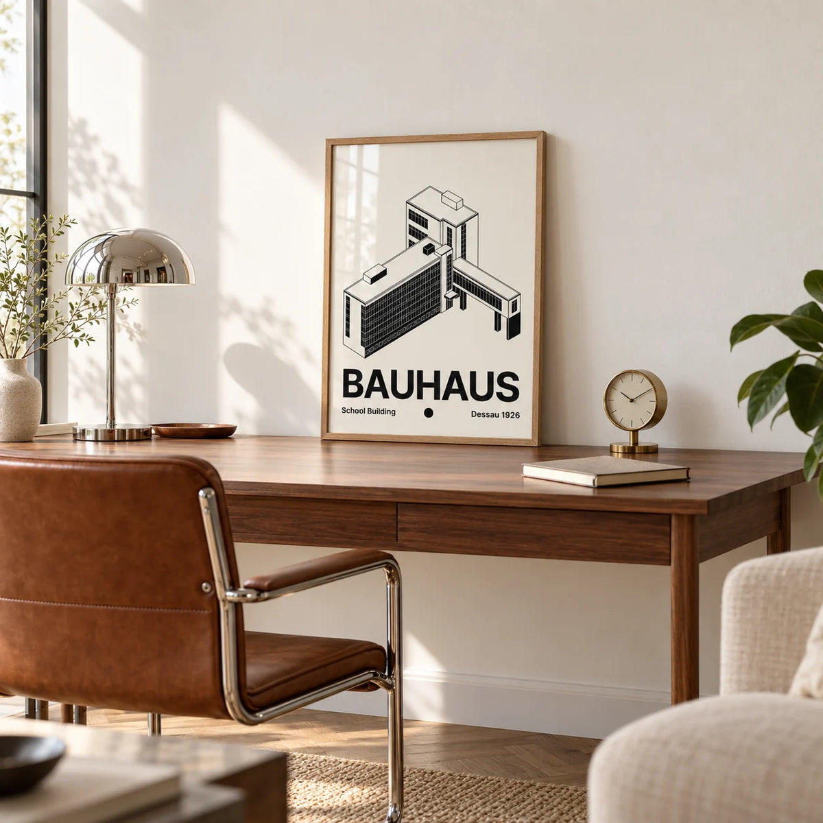 Bauhaus Building Poster, a small A4 framed print leaning on a slim walnut desk