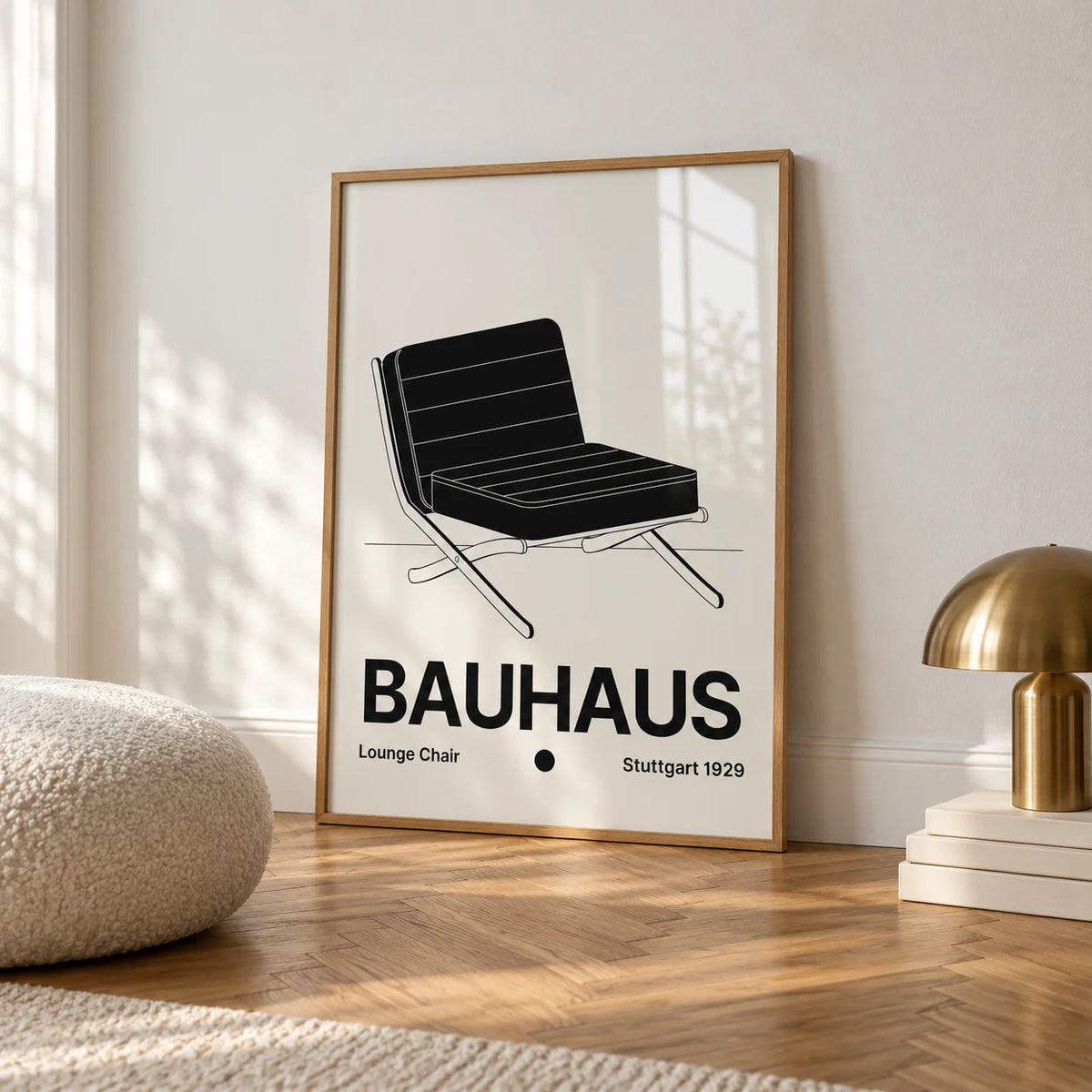 Bauhaus Chair Poster, framed on the wall of a calm white room with a white skirting board and herringbone oak parquet
