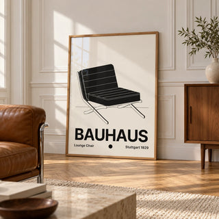 Bauhaus Chair Poster, framed on the wall of an elegant room with white panelled walls with classic mouldings and a herringbone oak floor in soft side light