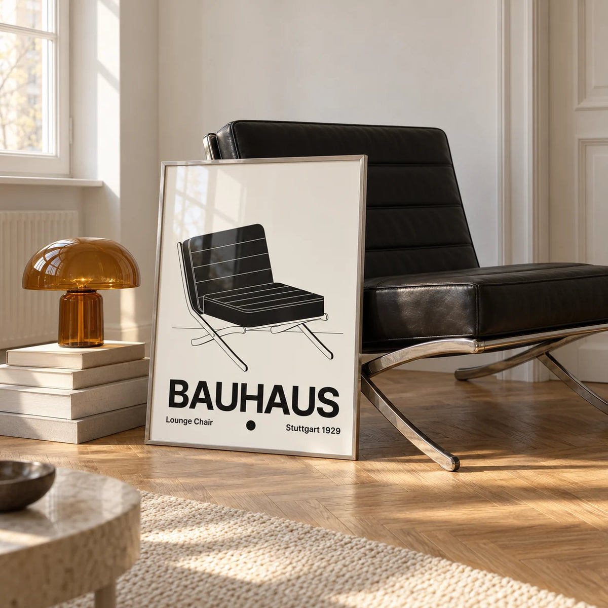 Bauhaus Chair Poster, framed on the wall of a white room corner with soft daylight and herringbone oak parquet in a living room