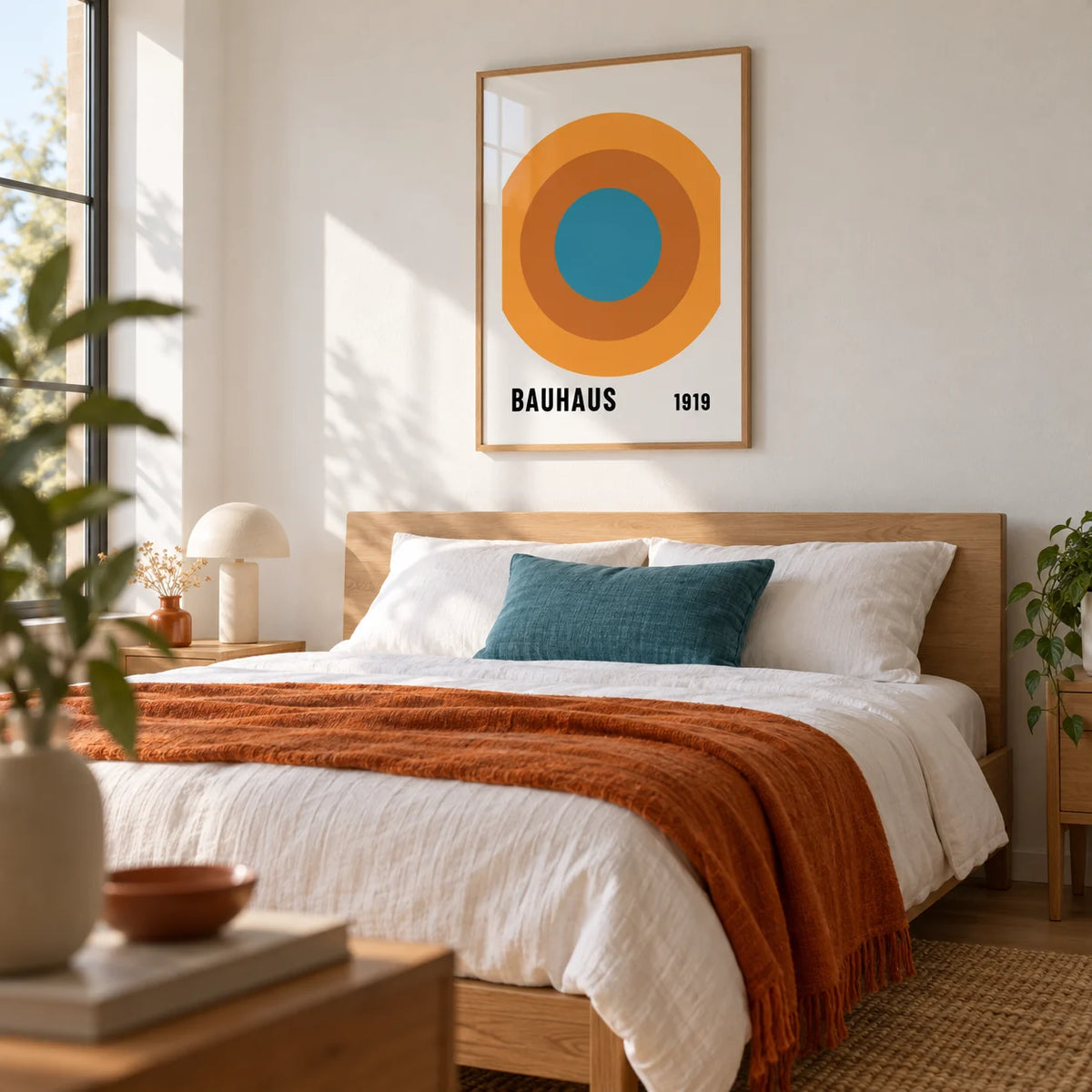 Bauhaus Circle Poster, framed on the wall of a crisp modern bedroom
