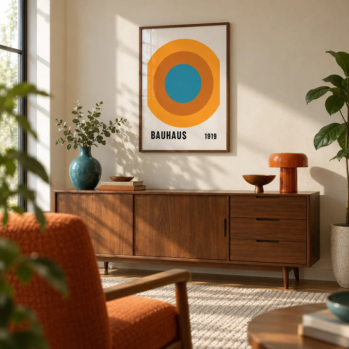 Bauhaus Circle Poster, framed on the wall of a mid-century modern living room