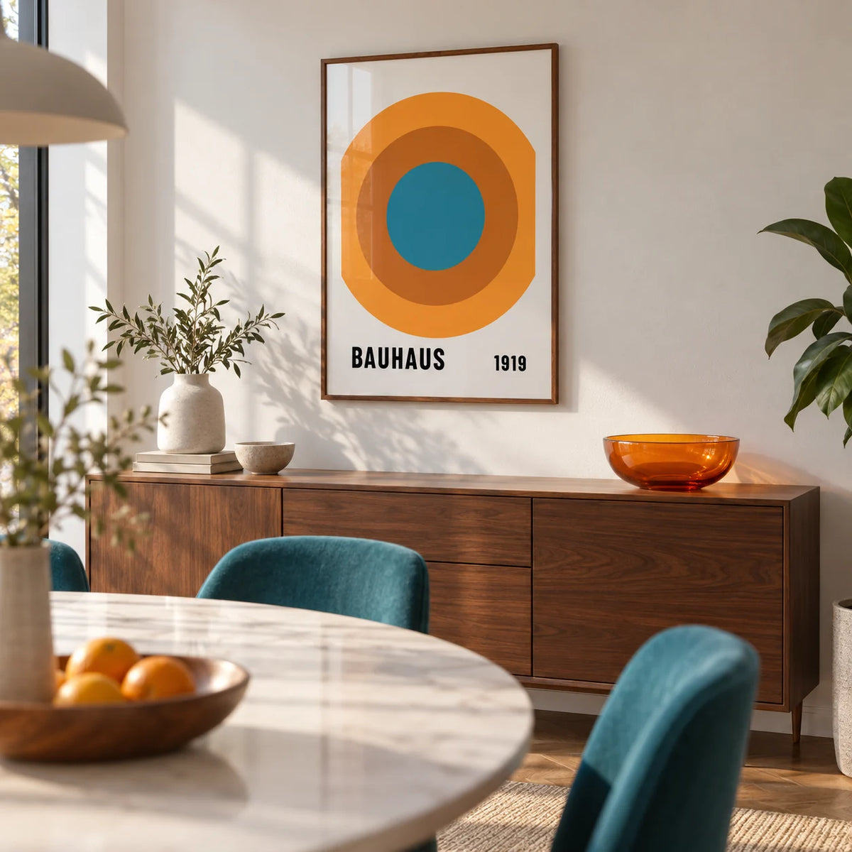 Bauhaus Circle Poster, framed on the wall of a modern dining room