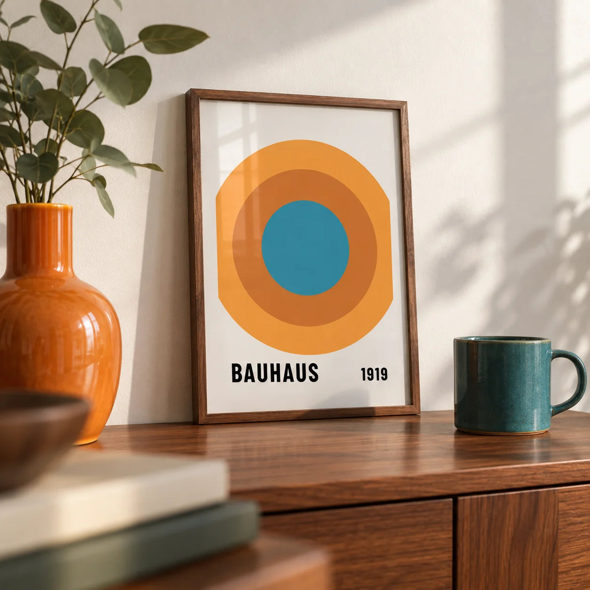Bauhaus Circle Poster, a small A4 framed print leaning on a walnut sideboard in a living room