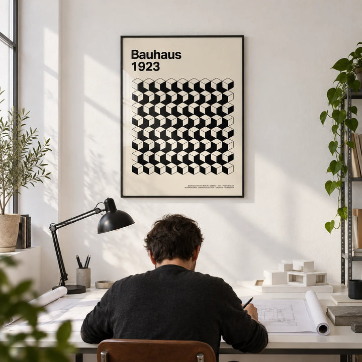 Bauhaus Design, framed on the wall of an architect's home studio with white walls in a home office