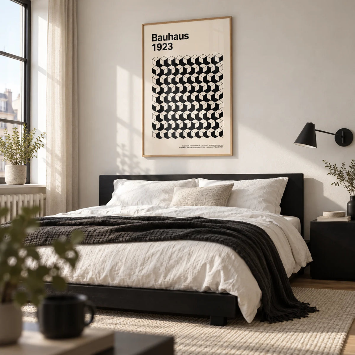 Bauhaus Design, framed on the wall of a crisp modern bedroom in a city flat