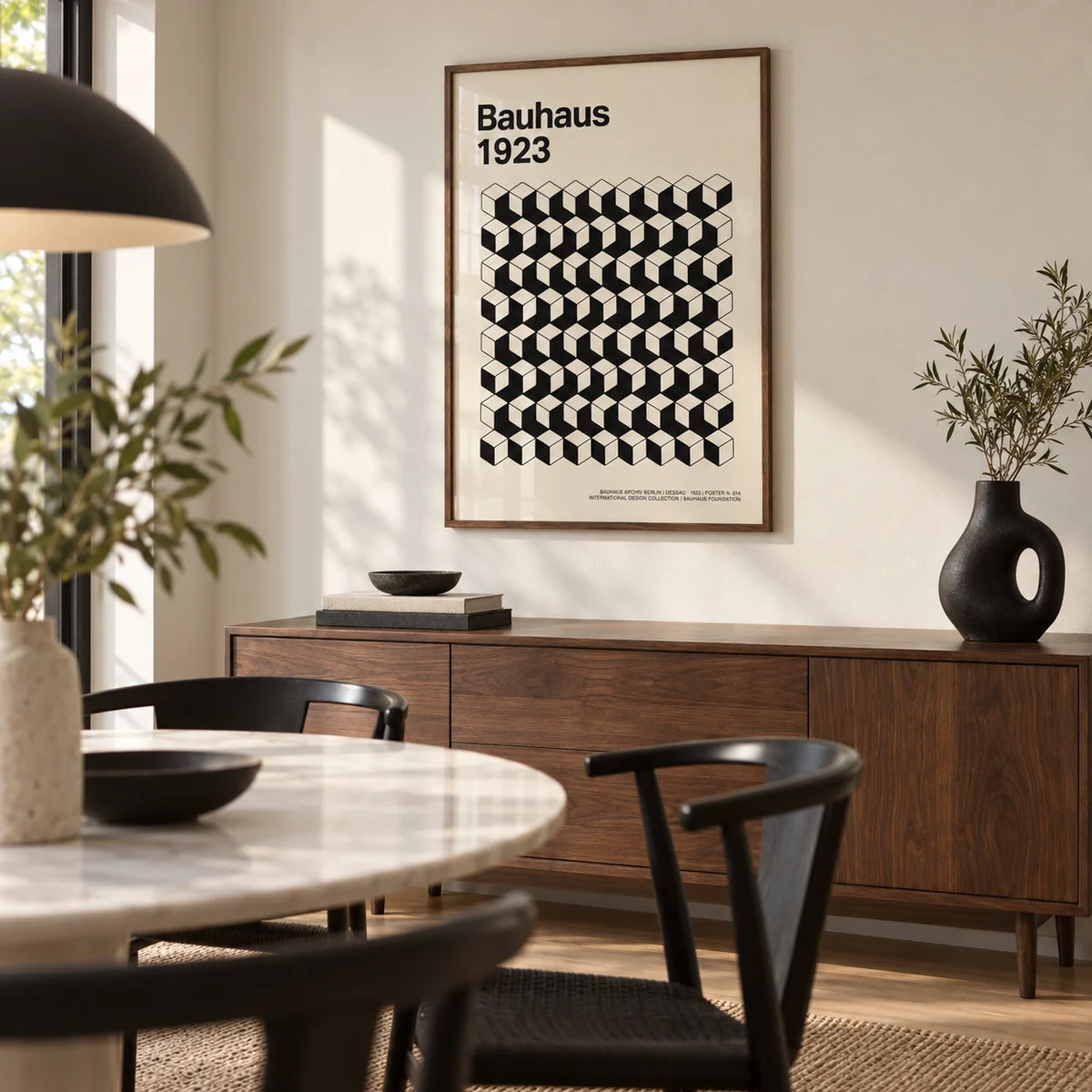 Bauhaus Design, framed on the wall of a modern dining room