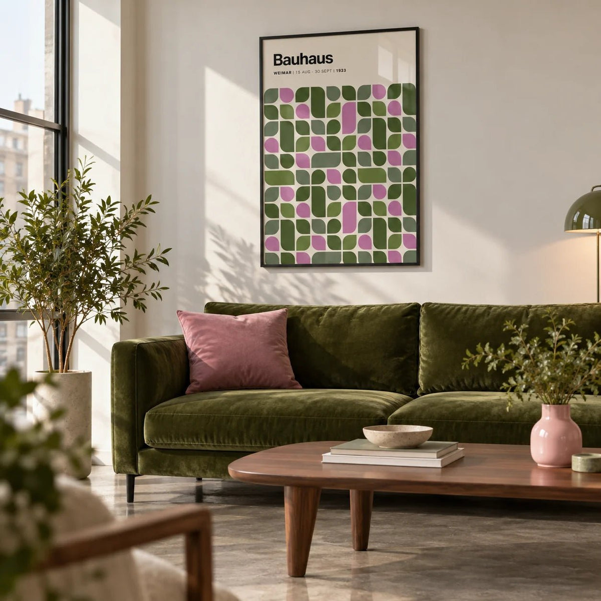 Bauhaus Exhibition 1923 Print, framed on the wall of a modern city flat living room with a polished concrete floor