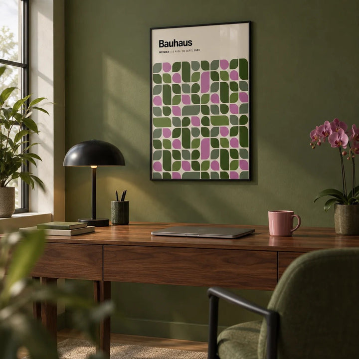 Bauhaus Exhibition 1923 Print, framed on the wall of a modern home office with an olive green painted wall