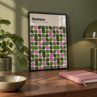 Bauhaus Exhibition 1923 Print, a small A4 framed print leaning on a walnut desk