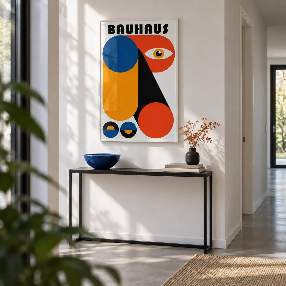 Bauhaus Graphic, framed on the wall of a crisp white hallway