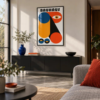 Bauhaus Graphic, framed on the wall of a modern living room with a polished concrete floor