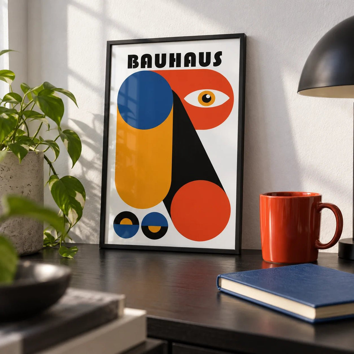 Bauhaus Graphic, a small A4 framed print leaning on a black desk