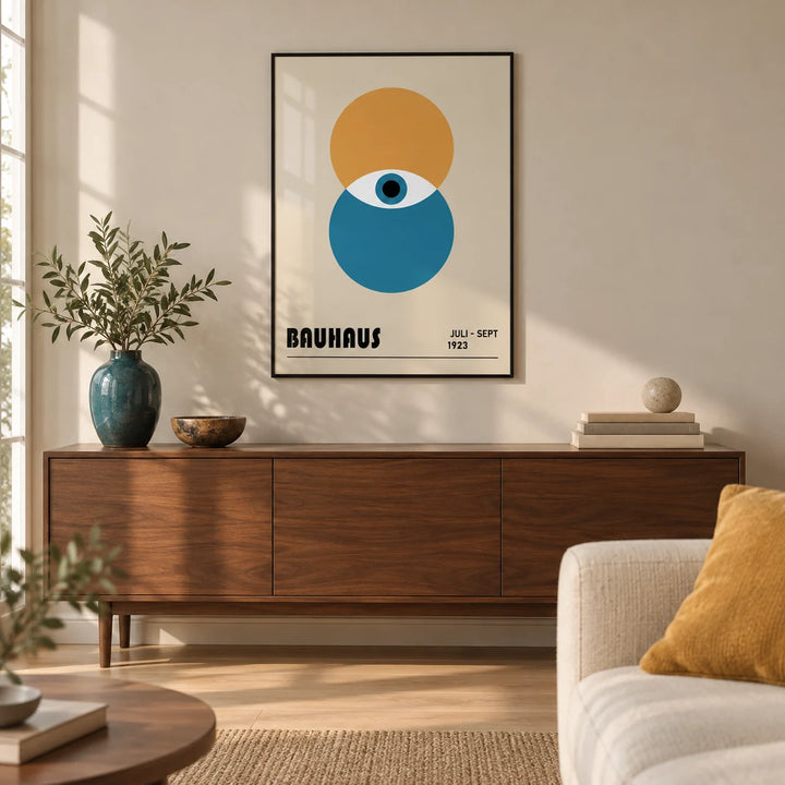Bauhaus Painting, framed on the wall of a calm modern living room with a warm beige wall and a pale oak floor