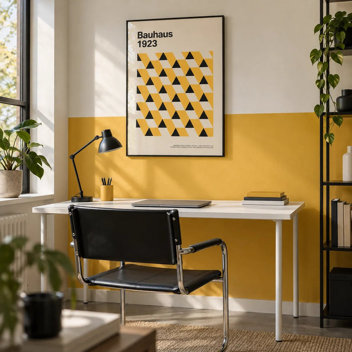 Bauhaus Poster 1923, framed on the wall of a design-led home office with a solid mustard yellow painted lower wall and white above
