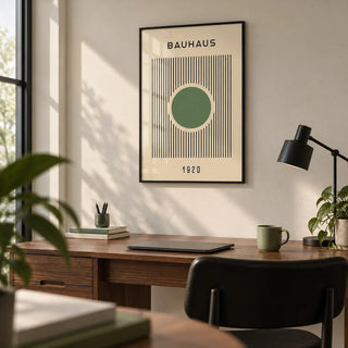 Bauhaus Poster, framed on the wall of a calm modern home office