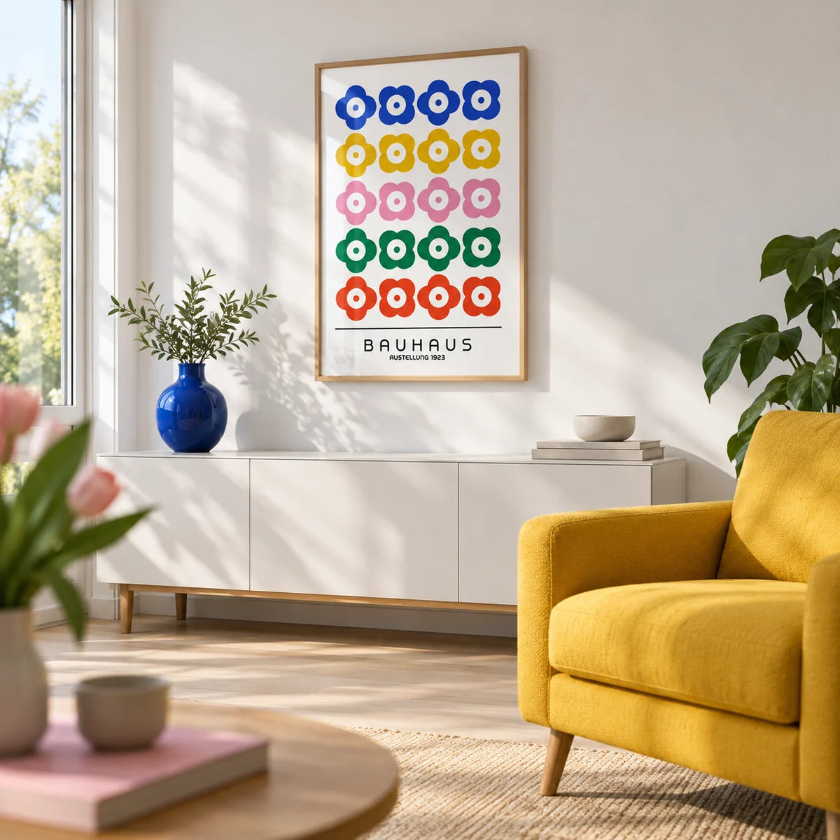 Bauhaus Print Design, framed on the wall of a bright design-led living room with crisp white walls and pale oak floorboards