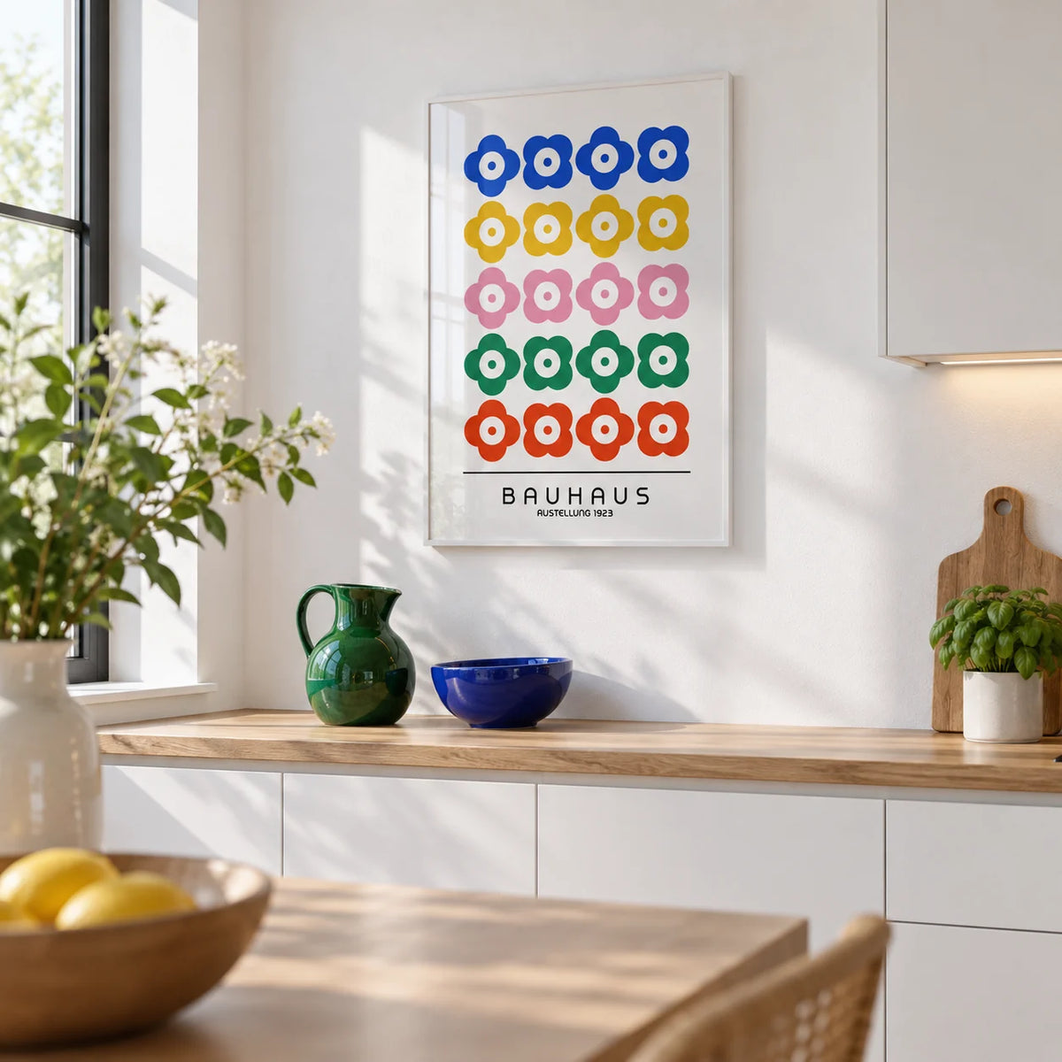Bauhaus Print Design, framed on the wall of a bright modern kitchen with plain white cabinets