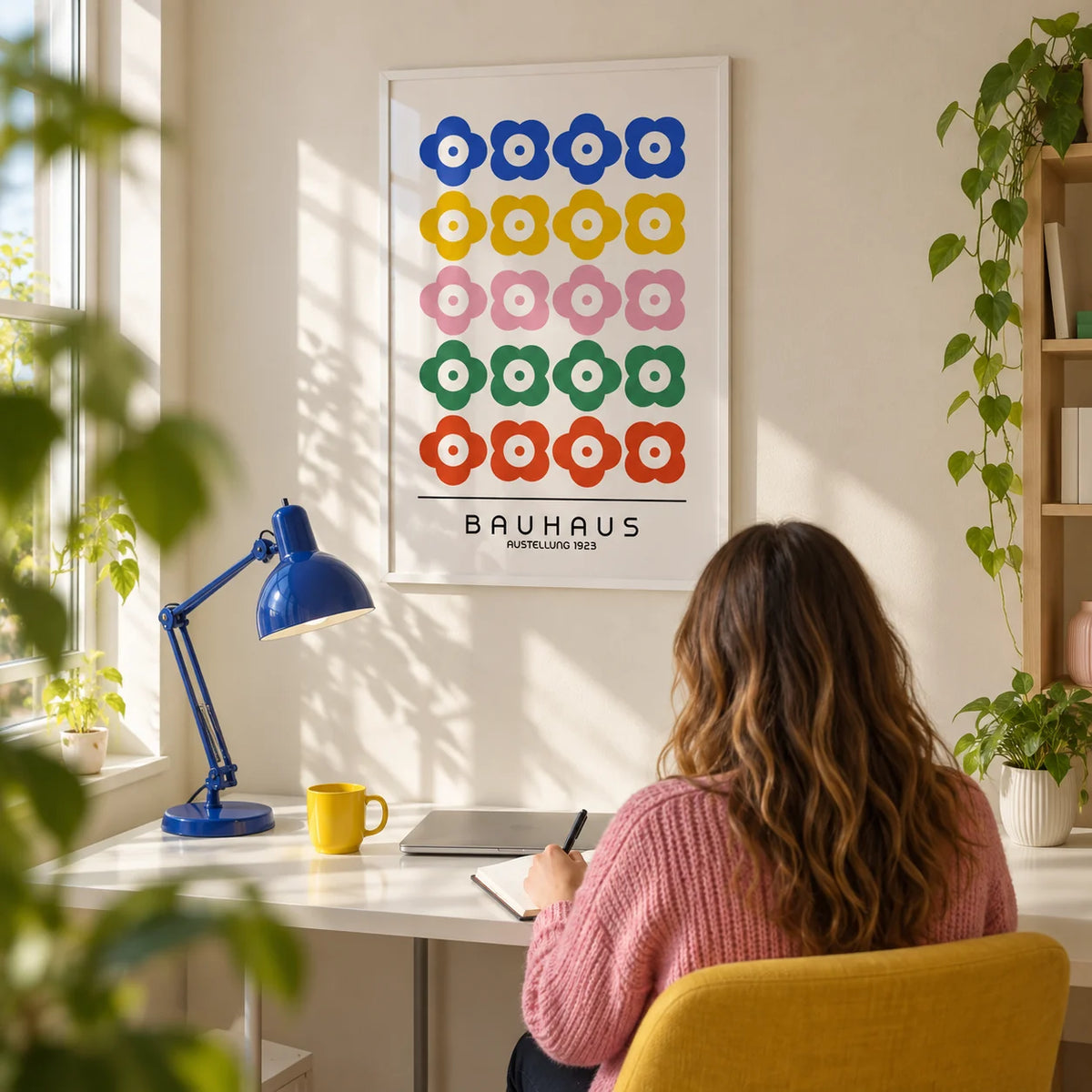 Bauhaus Print Design, framed on the wall of a cheerful home office