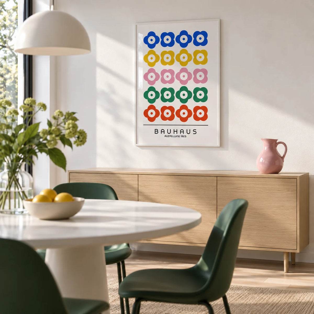 Bauhaus Print Design, framed on the wall of a modern dining room with white walls