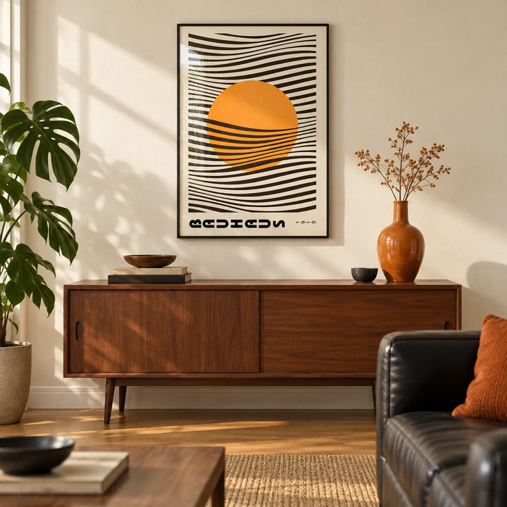 Bauhaus Print, framed on the wall of a mid-century modern living room with a warm cream wall and an oak floor