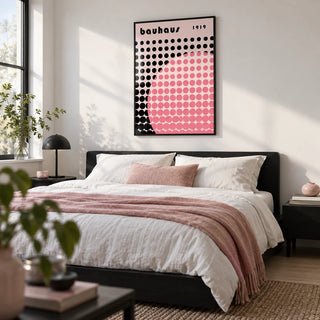 Bauhaus Print Poster, framed on the wall of a modern bedroom with a white wall