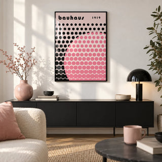 Bauhaus Print Poster, framed on the wall of a modern city flat living room with a white wall