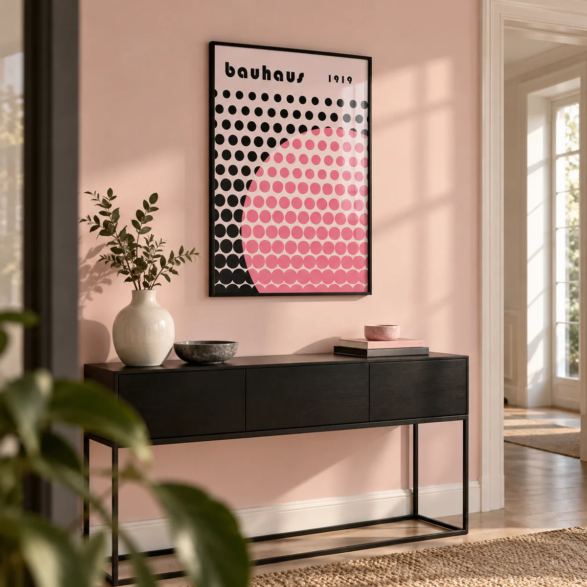 Bauhaus Print Poster, framed on the wall of a modern hallway with a pale pink wall
