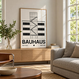 Bauhaus Staircase Print, framed on the wall of a light living room with big windows