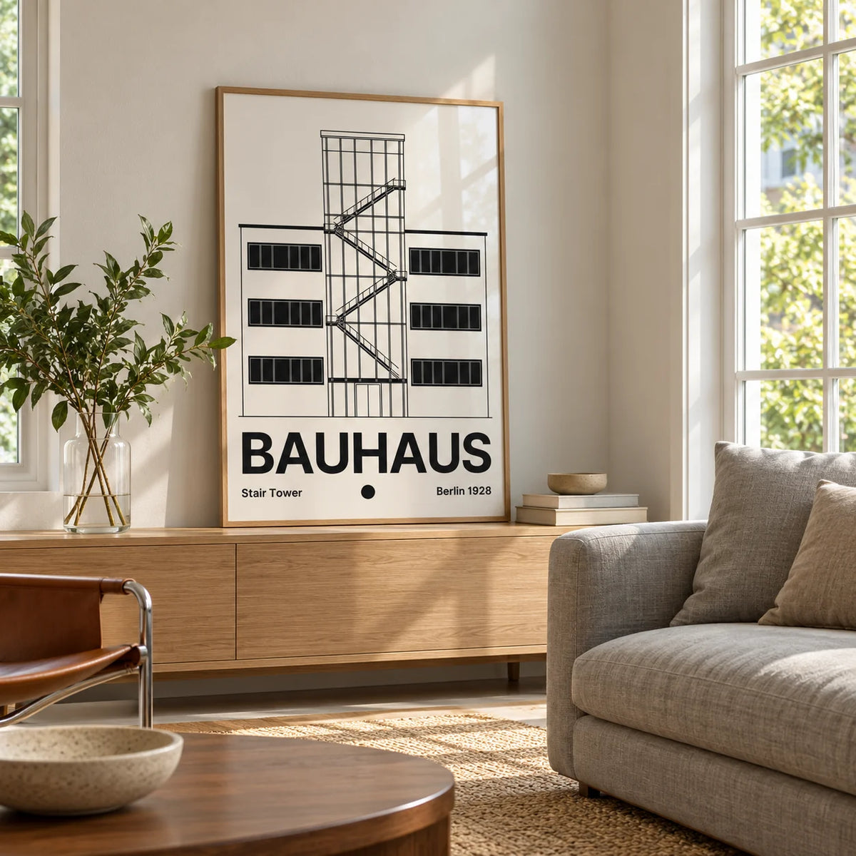 Bauhaus Staircase Print, framed on the wall of a light living room with big windows