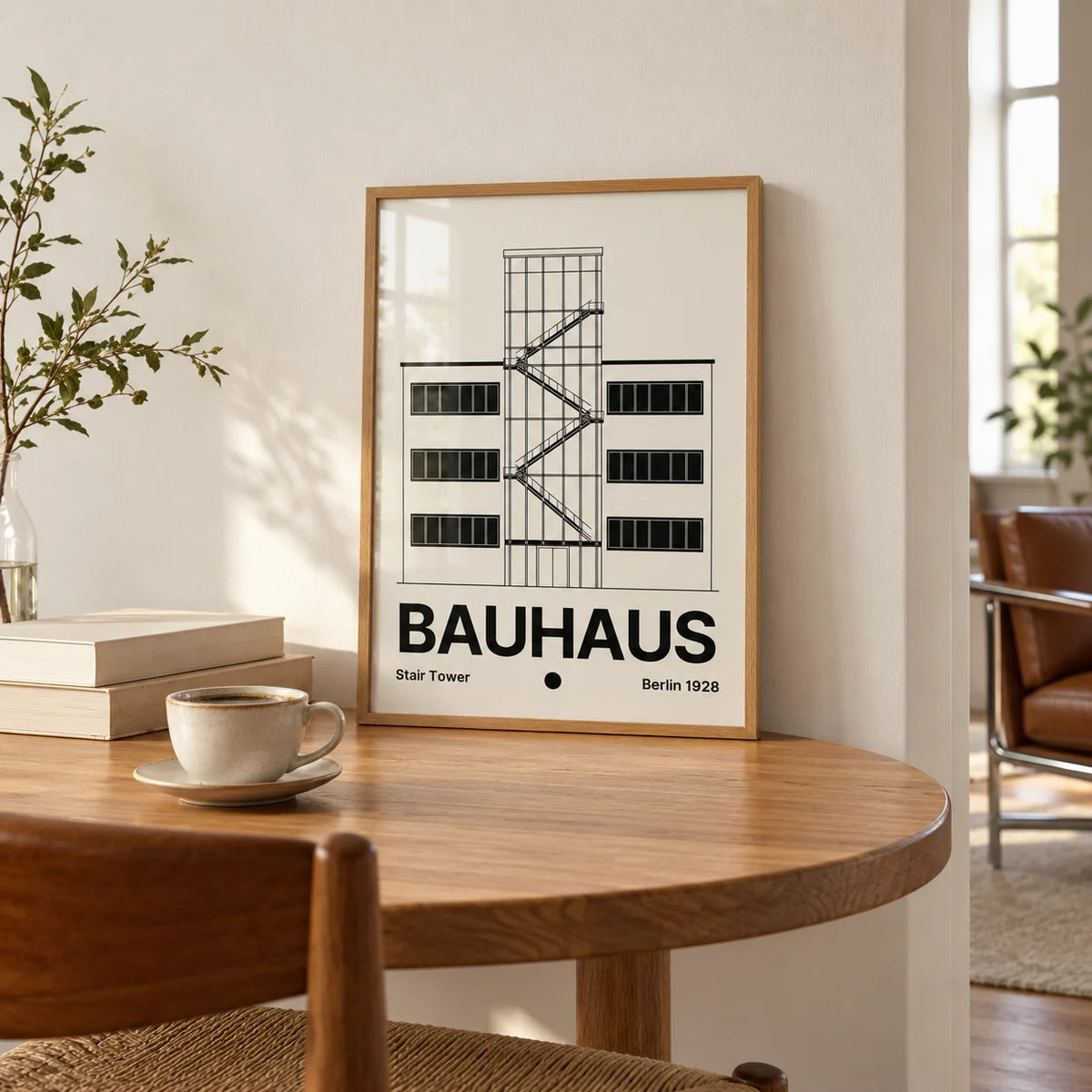Bauhaus Staircase Print, a small A4 framed print leaning on a round oak table