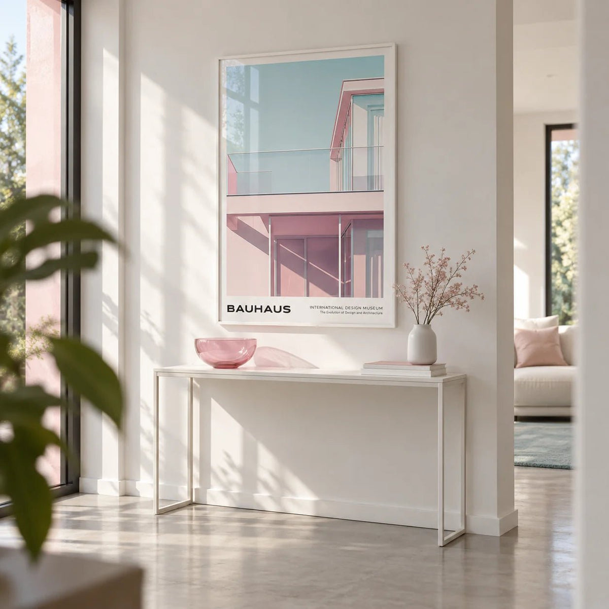 Bauhaus Style, framed on the wall of a crisp modern hallway