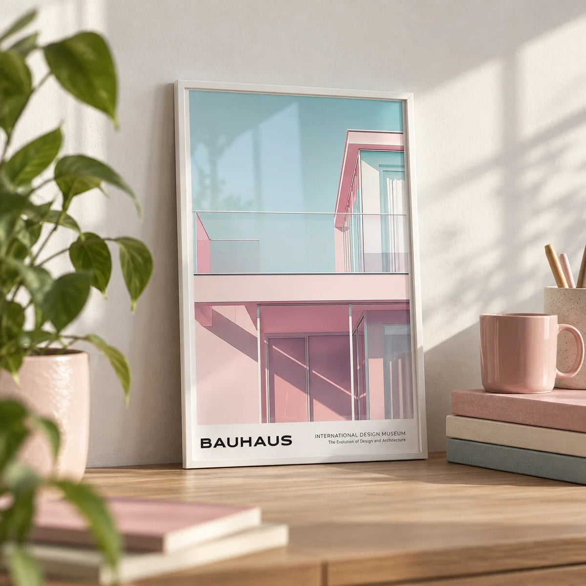 Bauhaus Style, a small A4 framed print leaning on a light oak desk