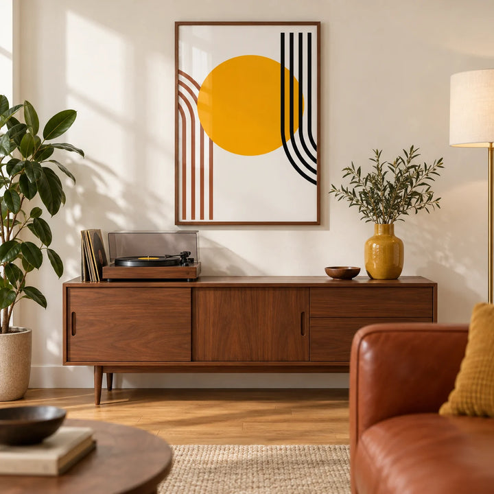 Bauhaus Sun Print, framed on the wall of a mid-century modern living room with a warm white wall and an oak floor