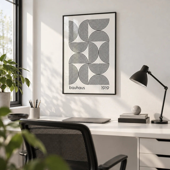 Bauhaus Wall Art, framed on the wall of a graphic designer's home studio in a home office