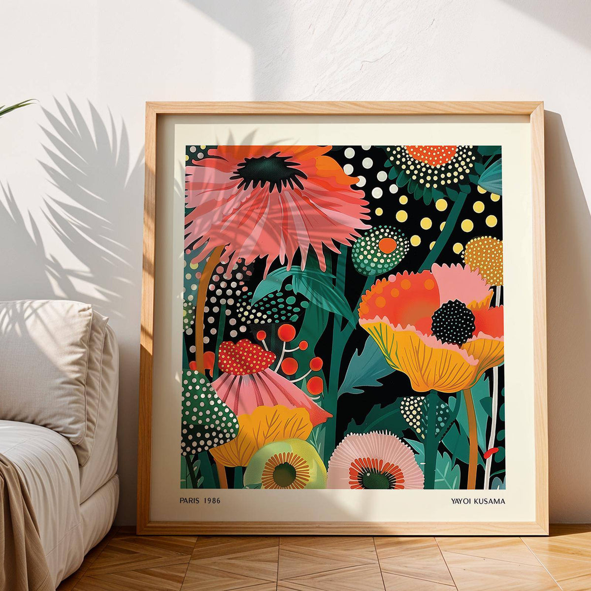 Floral wall hanging framed close-up showing vibrant pink and yellow stylised flowers with green leaves against a dark background