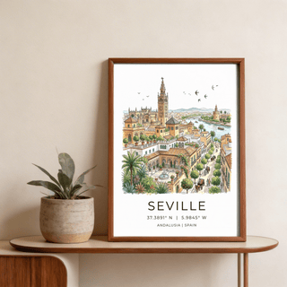 Framed Seville art print illustration in watercolour with beige and green tones on a wooden table with a plant