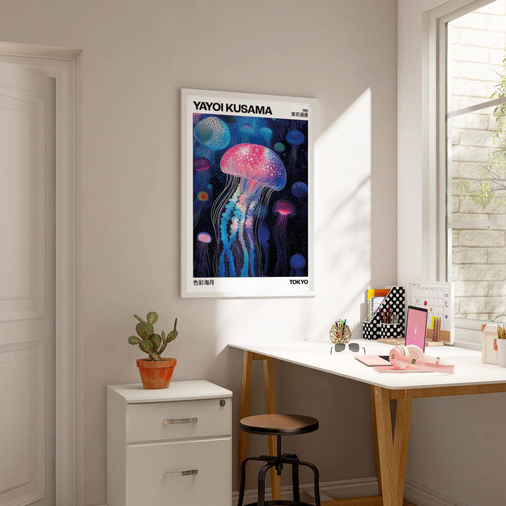 Jelly Fish wall art featuring glowing jellyfish in blue and pink shades above a white desk with a cactus
