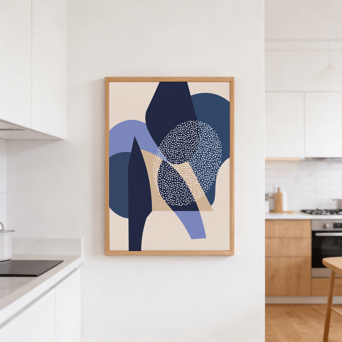 Blue Abstract Print on a wall in a kitchen with blue abstract shapes in navy and beige