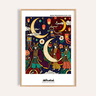 Framed Japanese Festival Print of a Japanese moon procession in vibrant reds and blues