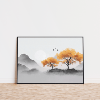 Print leaning on a floor with autumn trees in orange and black watercolour style