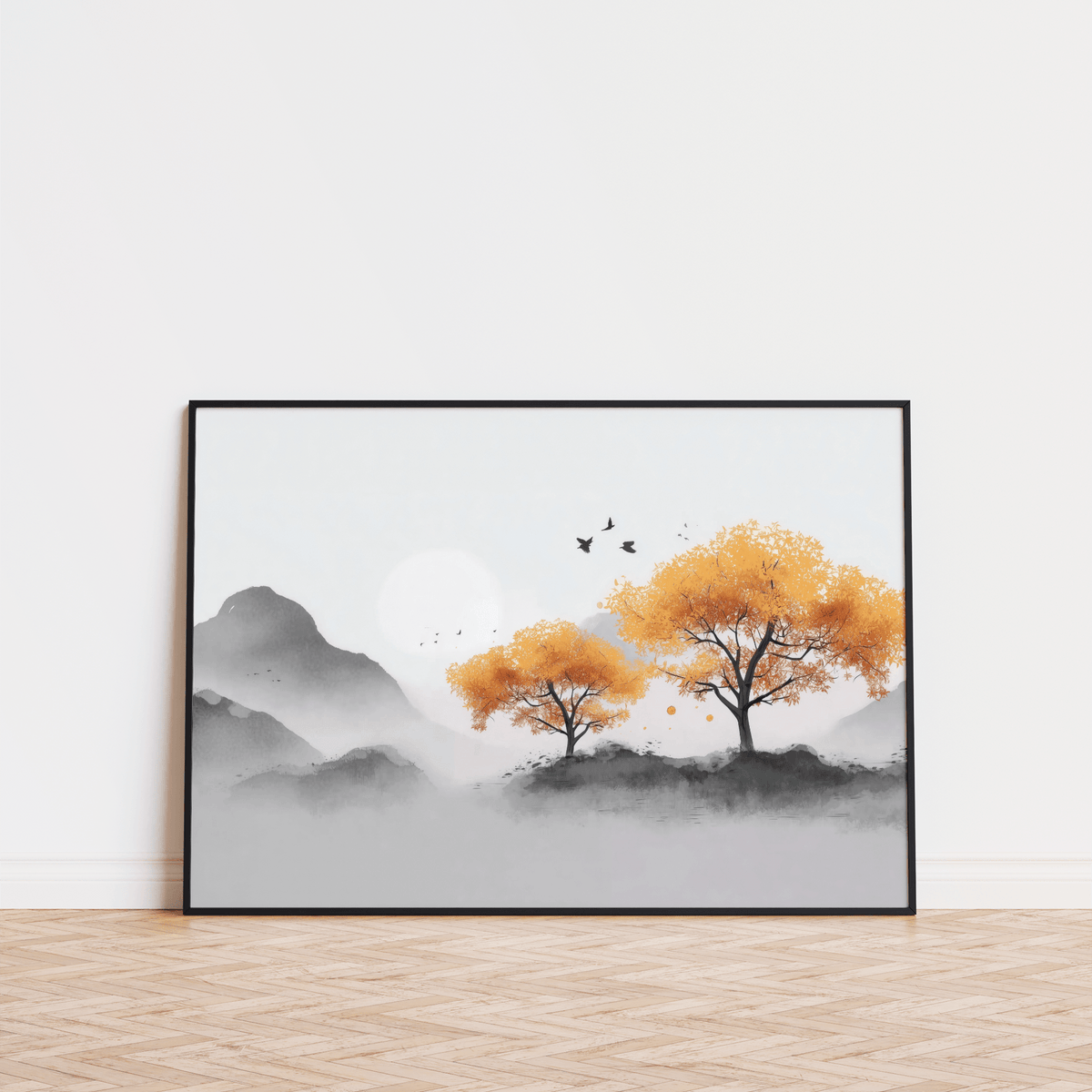 Print leaning on a floor with autumn trees in orange and black watercolour style