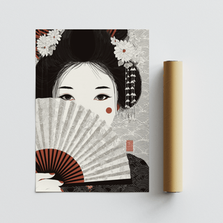Japanese Geisha Art print with black and white fan beside a brown packaging tube