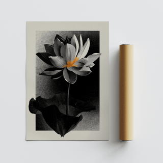Lotus Flower Art Print flat artwork of a minimalist lotus flower with black and white tones and orange centre with a brown packaging tube