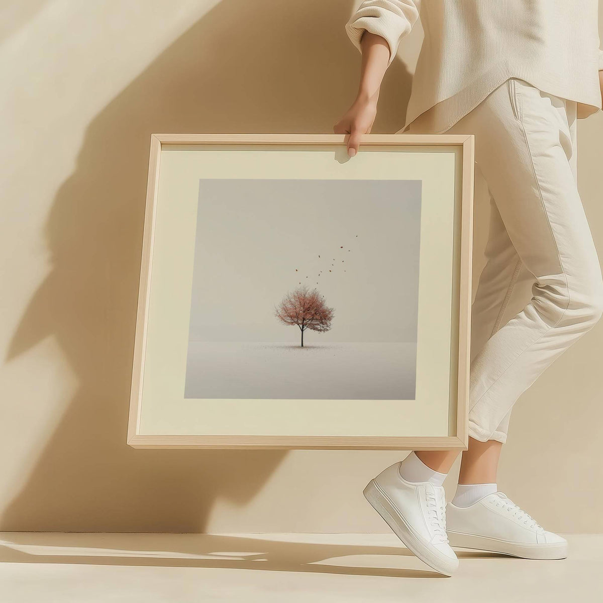Framed print of a tree with orange leaves falling held by a person against a beige wall