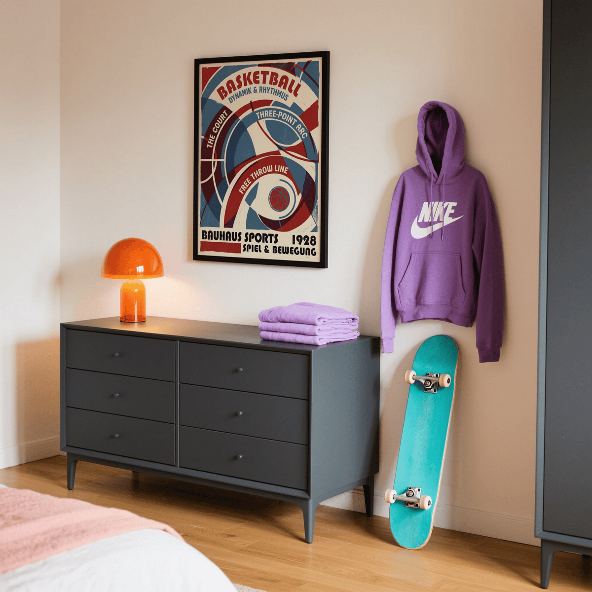 Print on a wall of bauhaus basketball art with red and blue court diagram above a dark grey cabinet and orange lamp