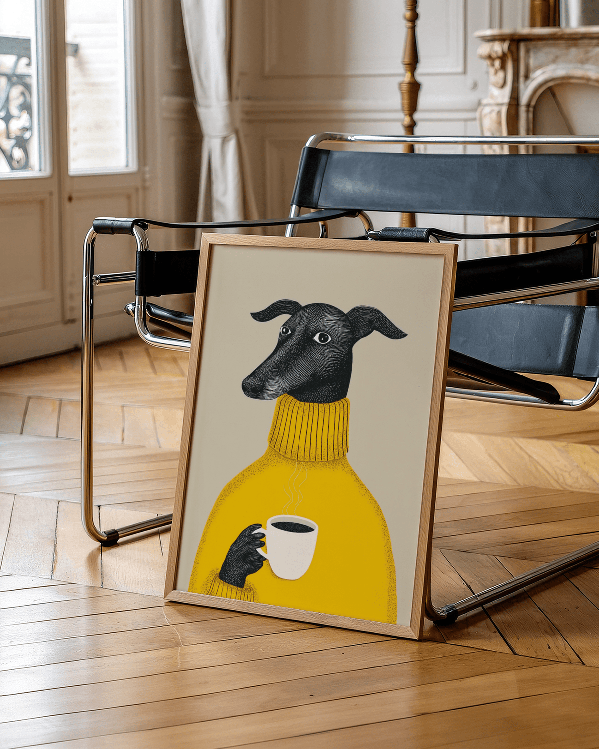 Whimsical Dog Print framed print leaning on a black chair with wooden parquet floor