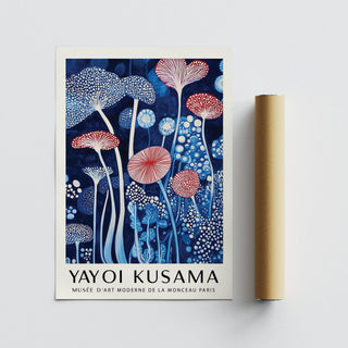 Mushroom Art Print laid flat next to a brown packaging tube with blue red and white abstract mushrooms